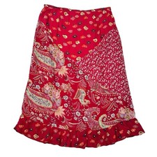 Vintage 90s Y2K Bohemian Floral Patchwork Midi Skirt Silky Ruffle Size Large