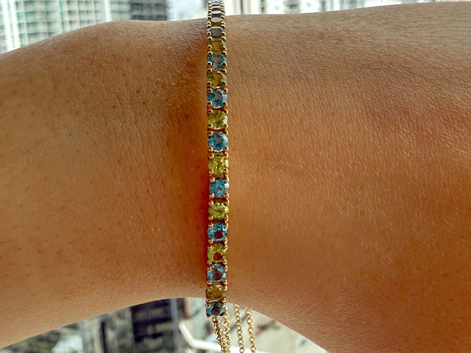 14K Gelbgold Armband mit Peridot & Blauem Topas – Zertifiziert von AIGL - Bild 3 von 3