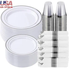 Silver Rim Plastic Party Plates Set 350 Pcs Disposable Dinnerware 50 Guests New