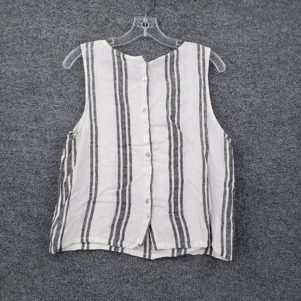 C&C California Top Womens Medium White Striped Linen Tank Button Back Sleeveless - Image 2 of 4