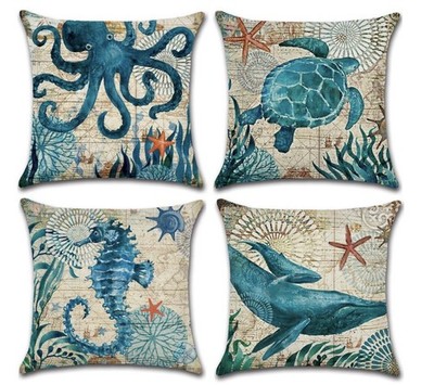 Mediterraner Stil Überwurf Kissenhülle Meer Motiv Deko Quadratisch Baumwolle Linie...
