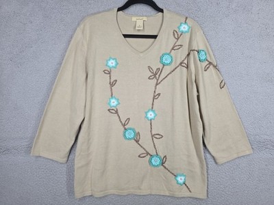 bechamel Sz L Beige 3D Floral Embroidered Sweater Cotton V Neck 3/4 Sleeve 