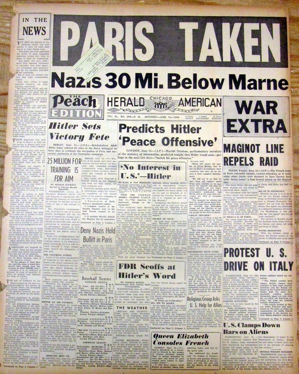 1940 WW II headline display newspaper PARIS France is CAPTURED BY