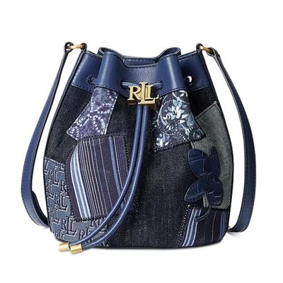 Lauren Ralph Lauren Denim Patchwork Andie Butterfly Bucket Bag Blue Gold NW $295