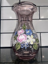 Vtg. Fenton Lt.Amethyst Tele flora Vase w/Hand Painted Flowers. Cottage Core.