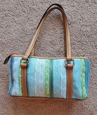 Fossil Signature Jacquard Multicolor Fabric  Leather Strap Satchel Handbag