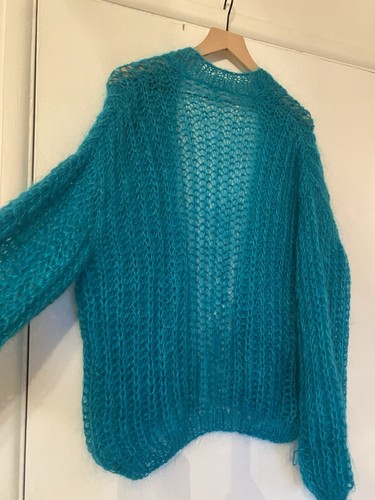 VTG Open Knit Wool Mohair Yarn Cardigan Unisex Genderless Camp Hipster Teal Grn - Picture 5 of 14