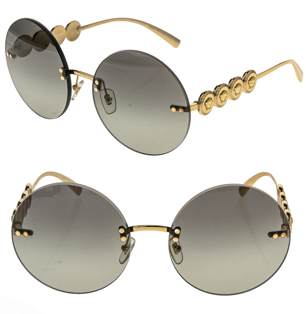 VERSACE Greca Coin Medusa Gray Gold Round Metal Rimless Sunglasses