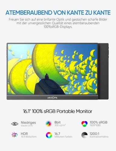 16.1" Portable Monitor, 1920×1080 FHD IPS Tragbarer Monitor für Laptop mit Einze - Photo 3/8