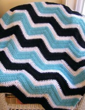 CROCHET baby blanket afghan wrap chevron ripple handmade white navy aqua 32 x 36