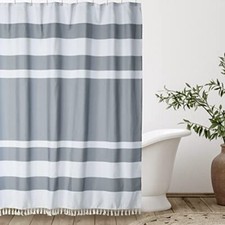 Modern Farmhouse Bathroom Shower Curtain with Tassels White and Grey Stripe P...