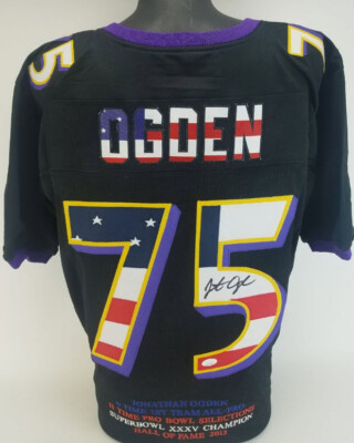 Jonathan Ogden Autographed Signed Baltimore Ravens USA Flag Stat Jersey  (JSA)