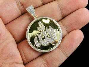 Authentic 1.25ct Round Moissanite Men's Allah Disk Charm Pendant Silver Yellow Gold Plated
