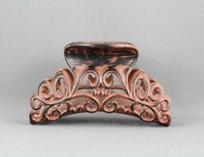 Brown hair clip 3 5/8" long big barrette claw jaw clamp scroll cut out WoodGrain