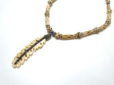 NEW RHINESTONE FEATHER PENDANT BONE LIKE BEADED NECKLACE LEATHER CORD ADJUSTABLE