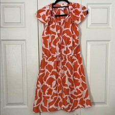 ANN TAYLOR LOFT Orange White Silk Giraffe Sleeveless Dress Midi Cinched Waist 0