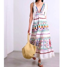Farm Rio Brazil XL Off White Embroidered lace Pineapple Maxi Dress Tie Shoulder
