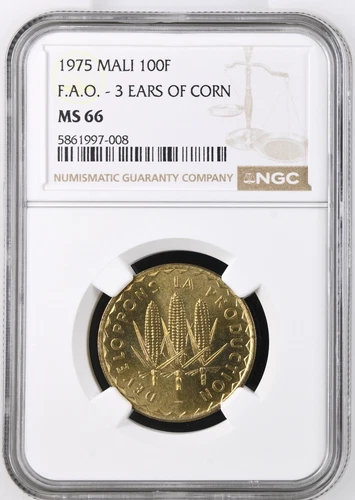1975 Mali 100 Francs FAO 3 Ears of Corn Nickel Brass Km 10 NGC MS 66