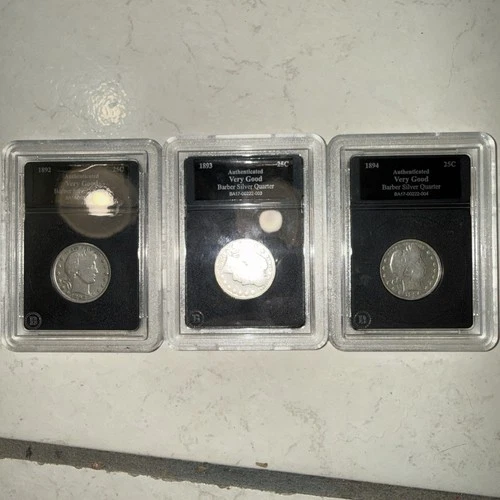 3 Barber Silver Quarters 1892 1893 1894 Bradford Authenticated Very Good