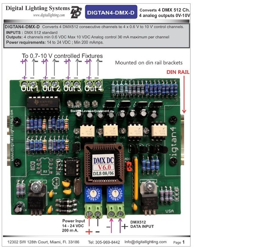DIGTAN4-DMX-D: 4 ch. DMX decoder converter to 4 x 0-10V dimmer controls M in USA - Image 2 of 3