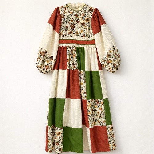 Vintage 70s Prairie Patchwork Maxi Dress Cottagecore Boho Folk Festival Size 10 - Image 1