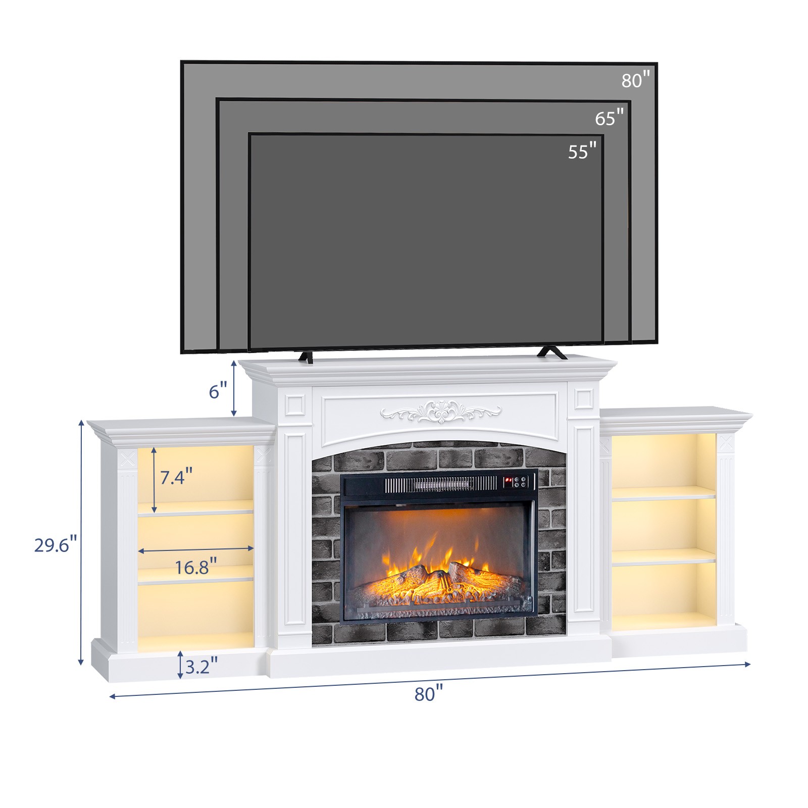 80" TV Stand Entertainment Center Built in 23" Fireplace / Led Lights / Shelves