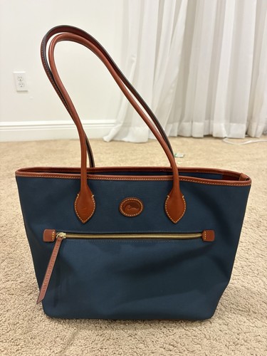 Dooney & Bourke Nylon Tote Navy Blue Brown Leather Trim Zip Top Bag Red Lining
