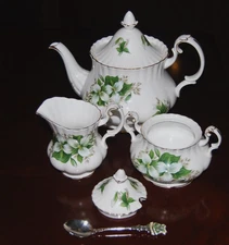 Royal Albert Trillium 8 cup Teapot ,Cream, Sugar with Lid, Set & one spoon
