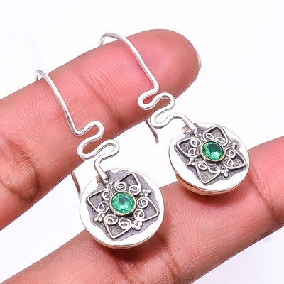 Emerald -Simulated 925 Sterling Silver Handmade Two Tone Earring 1.56''