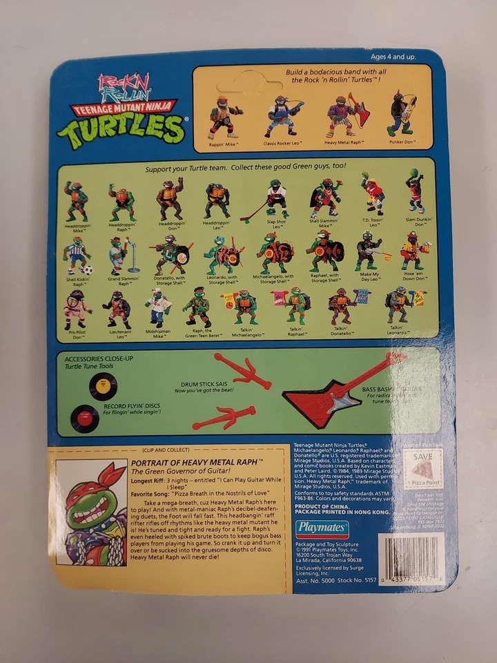 Teenage Mutant Ninja Turtles Rock'N Rollin' Heavy Metal Raph Playmates 1991 Новый - Изображение 2 из 4
