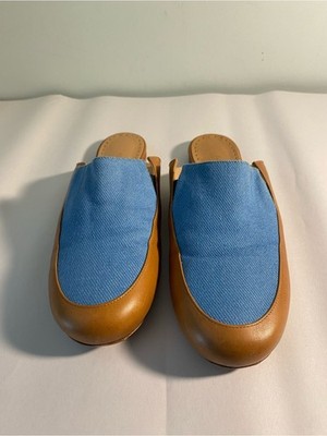 Alexa Wagner Women s Blue Canvas and Tan Slip-On Mules