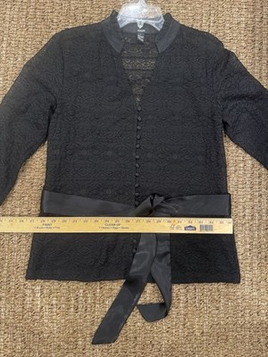 Alfani Black Lace Blouse Large -Satin Ribbon Tie Belt Ruffle Mock Neck Button Up