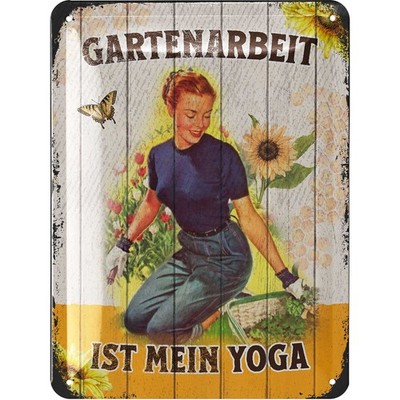 LANOLU Blechschild Gartenarbeit ist mein Yoga Vintage Holzoptik - 15x20cm