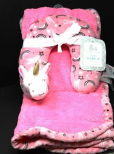 NWT Cribmates 2 Piece Plush Baby Blanket Pillow Set Pink Unicorn Rainbows 30x40