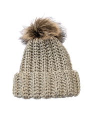 Handmade Ribbed Crochet Hat, Unisex, Faux Fur Pom, Size 3-6 mos.