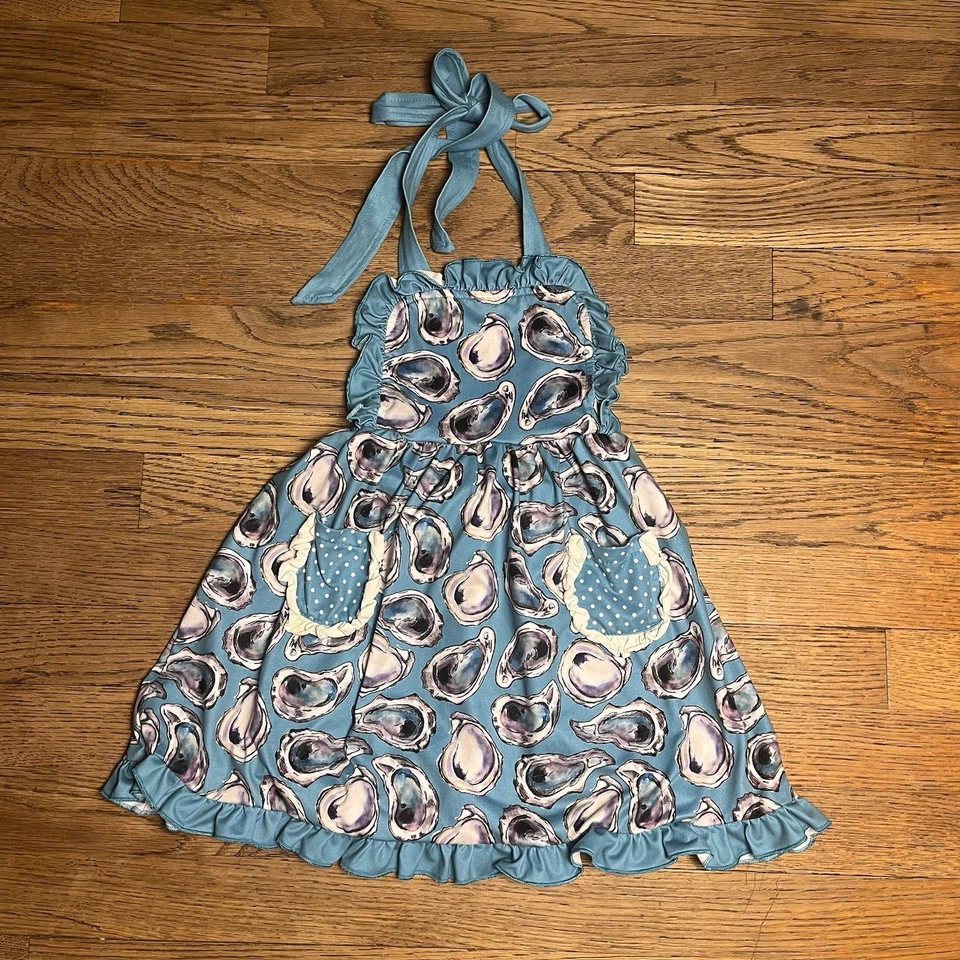 Jolie Beau Oyster Print Halter Dress Blue Ruffle Pockets Toddler 18-24 Months - Image 2 of 4