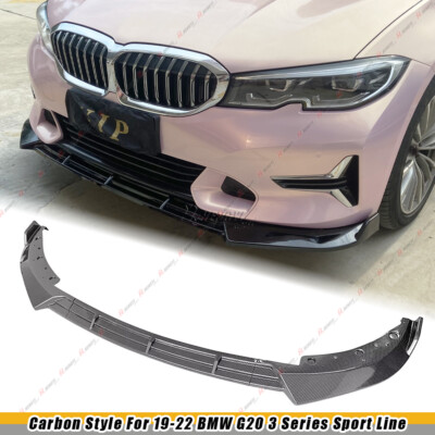 Carbon Fiber Print Front Bumper Lip 3PC PP For 19-22 BMW G20 3 Series Sport Line