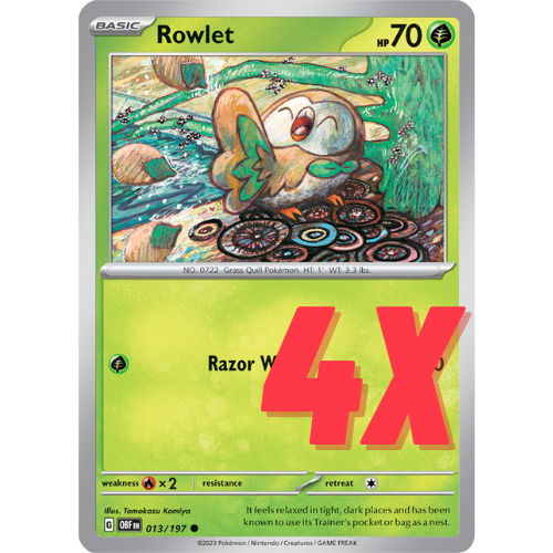 (4) Pokemon TCG Rowlet 013/197 S&V Obsidian Flames Regular Playset 2023 NM - Picture 1 of 1