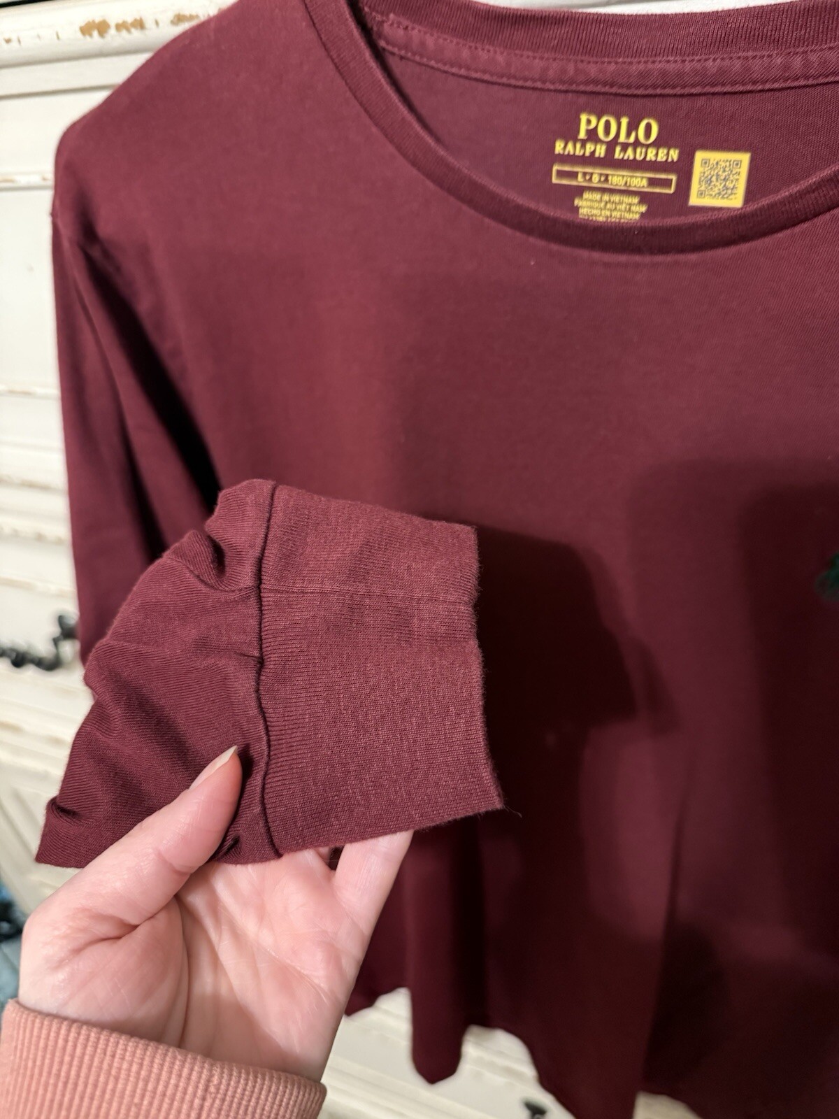 Polo Ralph Lauren Uomo L Borgogna Basic T shirt Verde Pony Logo Manica Lunga