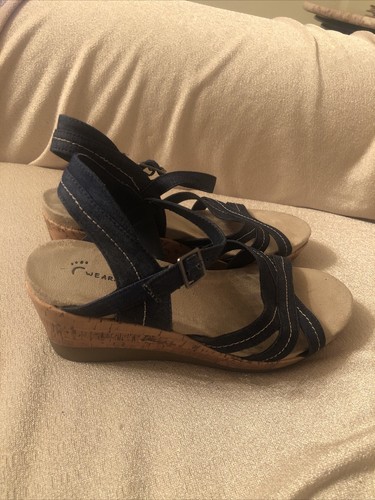 WEAR EVER Strappy Denim Wedge Sandal Women Shoe Sz 8.5 EUC - Picture 4 of 7