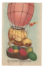 1910 Hot Air Balloon Easter Chick Postcard Baby Chicken Egg Basket Dirigible VTG