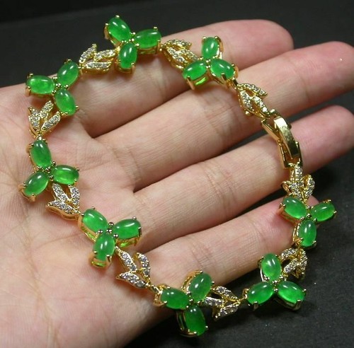 Genuine Green Jade Cabochon Oval Cubic Zirconia Flower 18KGP Bangle Bracelet - Picture 6 of 7