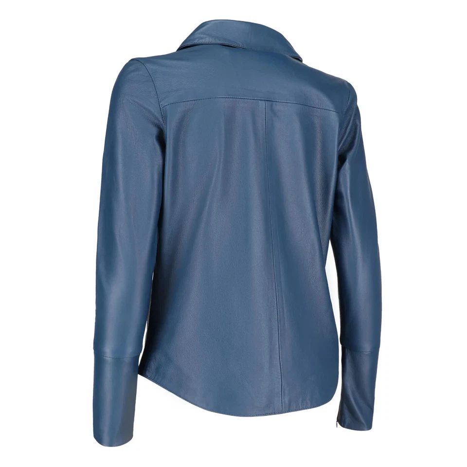 Nueva Camisa Mujer Azul Formal Hecha a Mano Cuero Genuino Piel de Cordero Informal Elegante Foto 2 de 4