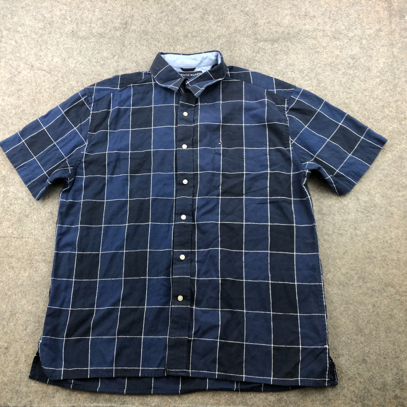 Tommy Hilfiger Shirt Mens Large Blue Check Button Up Pockets Short Sleeve