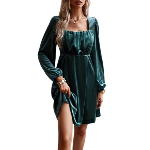 Square Neck Long Sleeve Velvet Dress Elegant High Waist A-line Dress for Womens - Picture 11 of 16