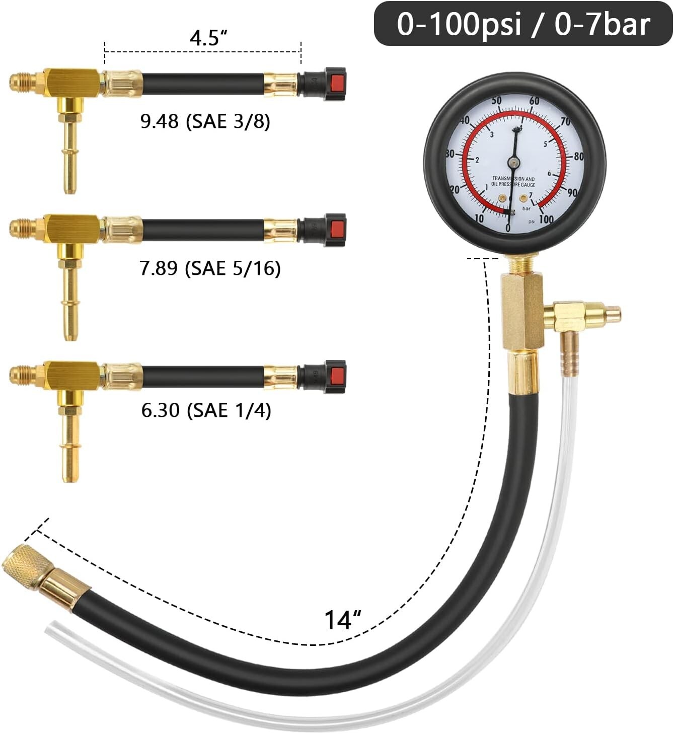 BETOOLL Fuel Pressure Test Kit 0100PSI with 9.49,7.89,6.30 Fuel Line