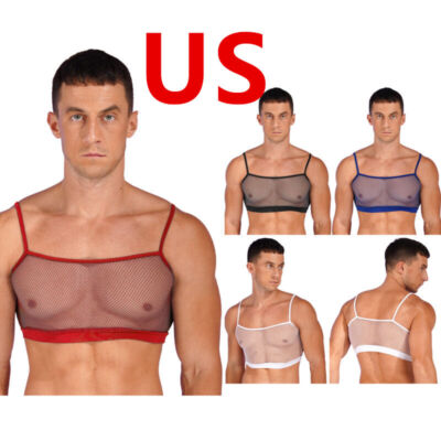 Mens T-Shirt Mesh Fishnet See-through Tank Crop Top Sleeveless Muscle Vest