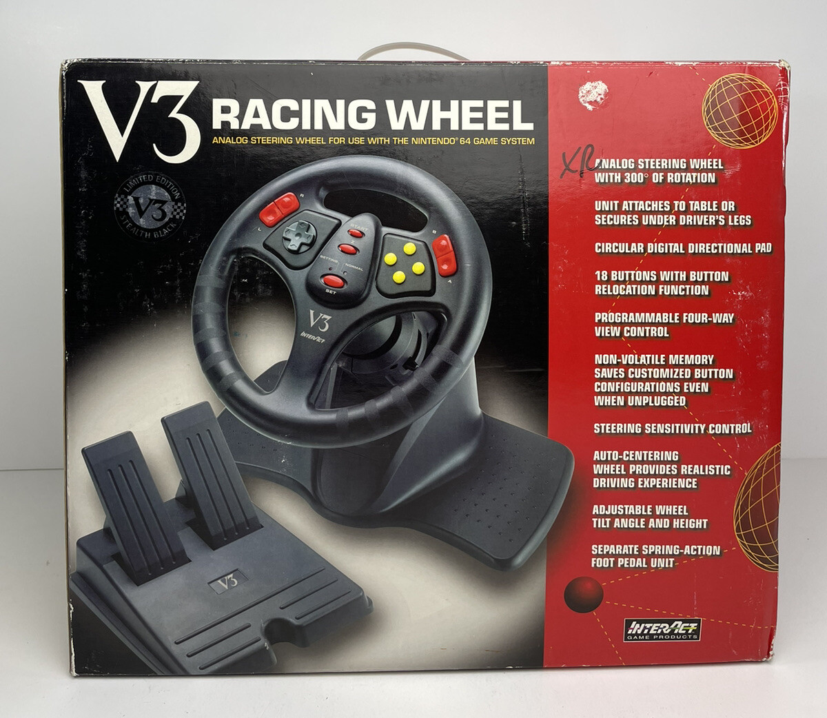 V3 DRIVING STEERING WHEEL CONTROLLER W/ GAS BRAKE PEDALS FOR N64