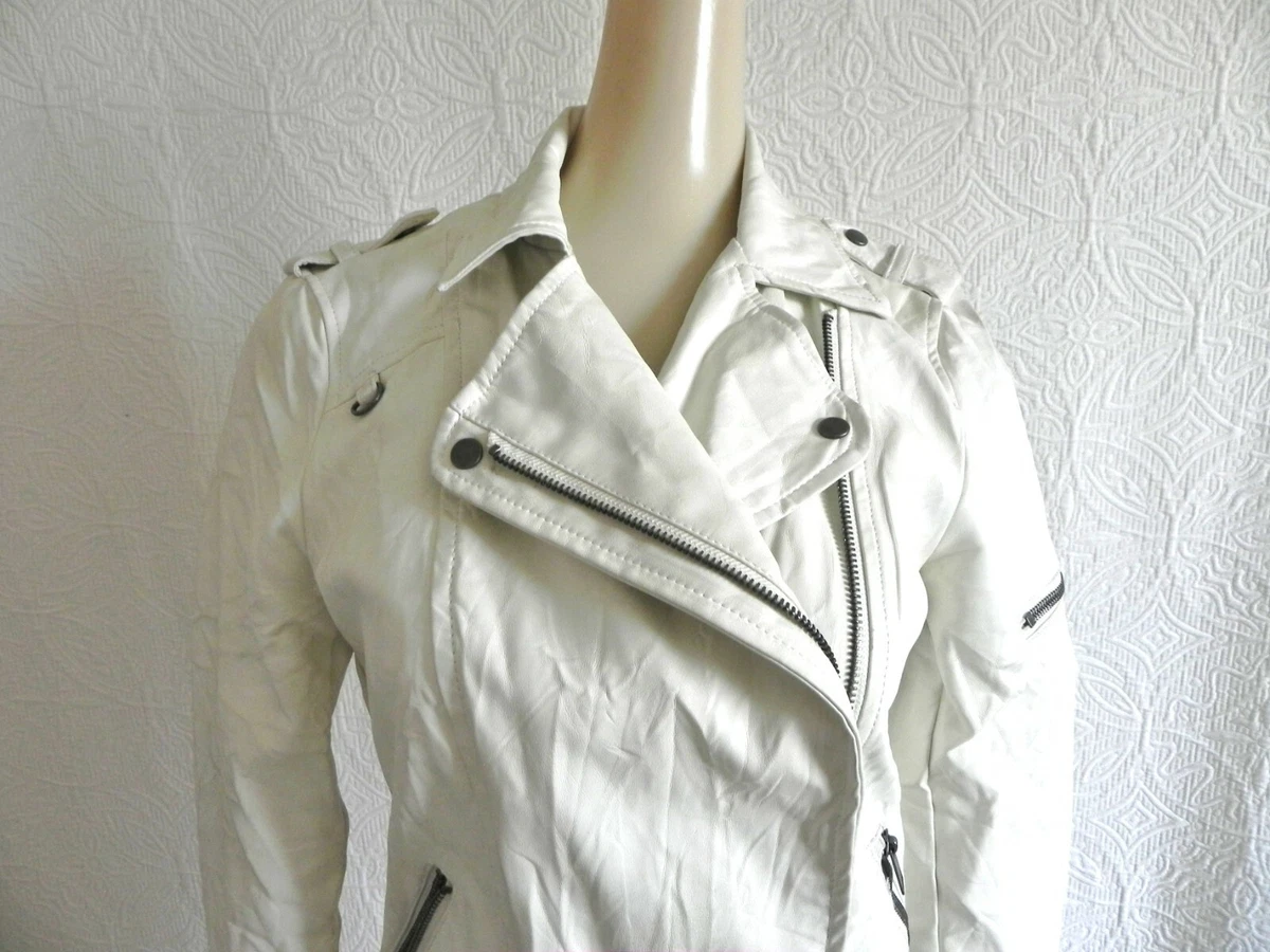 Trafaluc Zara Faux Leather Biker Jacket Ivory Full Zip Pockets Zip Cuffs Size S