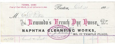 1882 Receipt, Lewando's French Dye House, Naptha Cleansing Works, Boston, MA
